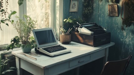 Vintage typewriter & laptop on desk, plants, sunlit room, writer's workspace