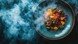 © ari - A vibrant dish garnished with edible flowers, smoke, and spices, showcasing culinary artistry.