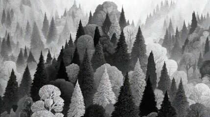 A beautifully layered landscape showcases a forest filled with various tree types, intricately detailed in black and white. The varied textures create rich depth in the scene.