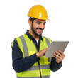 © MstShilpi12 - Smiling construction worker wearing a high visibility safety vest and yellow hard hat examines a digital tablet device isolated on transparent background