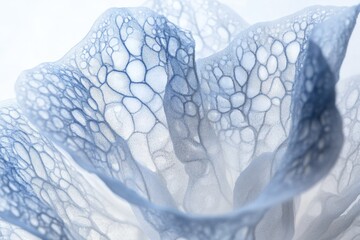 Close-up of a delicate, translucent blue flower petal with a unique, bubble-like texture.