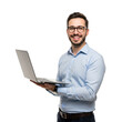 © MstShilpi12 - Smiling businessman with glasses holding an open laptop computer presenting technology and digital solutions isolated on transparent background