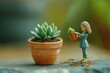 ©  prophotolibrary - A miniature girl tending to a succulent plant in a terracotta pot, showcasing a serene gardening scene.