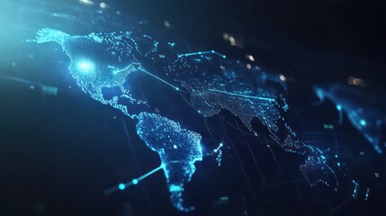 Global network connections, data flows, digital world map, dark background, technology concept