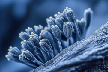 Close-up of delicate blue flower stamens with pollen, showcasing intricate details and texture.