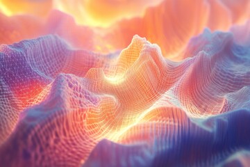 Wall Mural - abstract digital landscape with wireframe mountains, vibrant sunset colors, glowing light.