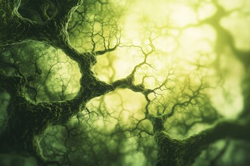 Wall Mural - abstract image depicting intricate, moss-covered branches reaching towards a bright, ethereal light.