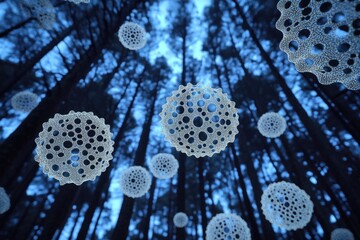 Wall Mural - intricate, bioluminescent spheres float amidst a dark, towering forest, creating a surreal and ether