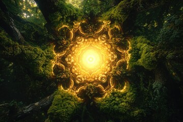 Wall Mural - glowing mandala pattern within mossy forest, creating a mystical and enchanting scene.