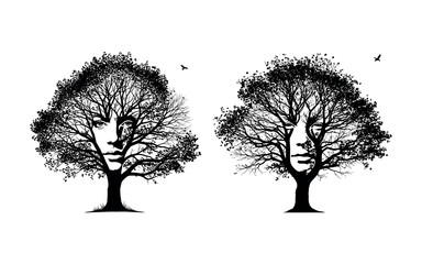 two trees with faces hidden in their branches isolated on white background, a nature art piece