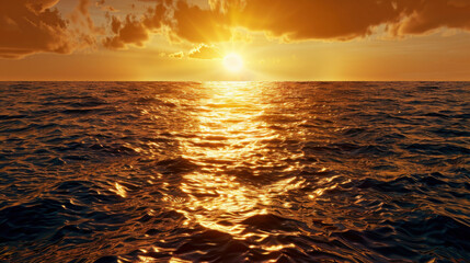 Wall Mural - Golden sunlight reflects on ocean surface during stunning sunset, creating serene and tranquil atmosphere. vibrant colors of sky enhance beauty of scene
