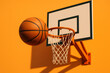 © Vladyslav Tykhonov - Basketball ball near hoop on orange background, minimal sports concept