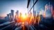 © NovaVision - A financial graph is displayed over a modern building with a cityscape backdrop during sunset.