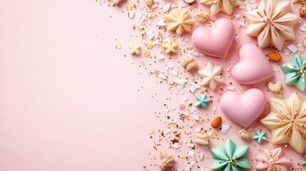 Wall Mural - Pastel candies in heart and star shapes scattered on a pink background.