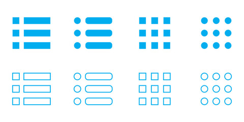 Hamburger web and mobile app menu flat icons set. Vectors buttons for website UI navigation. App menu for home or drop list and application drawer in mobile apps isolated on transparent background.