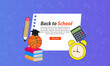 © Mohammad - Creative back to school flyer design with globe, graduation cap, and calculator,open book,clock,pencil,bulb, great for education campaigns, study abroad programs, and event invitation