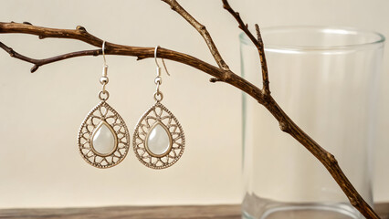 Earring Mockup Hanging From Glass Tree Branch