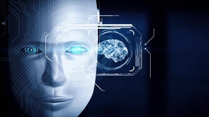 Wall Mural - robot hominoid face close up with graphic concept of big data analytic by ai thinking brain, artific