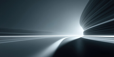 Wall Mural - dark abstract futuristic road curves with bright white light beams in blue tone