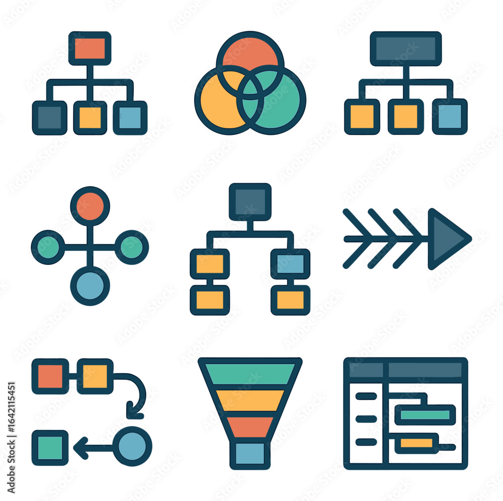 Diagram Icons Grid. Flat icon set of diagram styles: flowchart, Venn ...