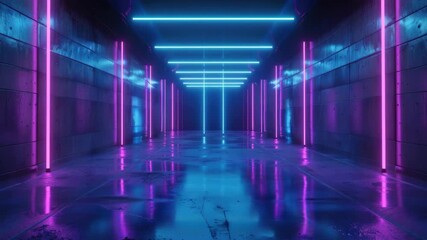 Wall Mural - High-tech, neon-lit interior with reflective surfaces.