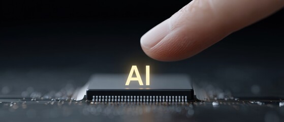 Finger Activating Glowing AI on Microchip: Artificial Intelligence, Technology and Future Conceptual Image.