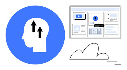 Profile of a head with upward arrows, a dashboard interface with analytics, and a cloud symbol. Ideal for innovation, strategy, growth, technology, cloud solutions, data visualization simple flat