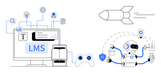 Wall Mural - Computer screen with LMS interface, open book, gaming controller, robot with tools, and rocket. Ideal for education, automation, AI innovation e-learning gamification research. Simple flat