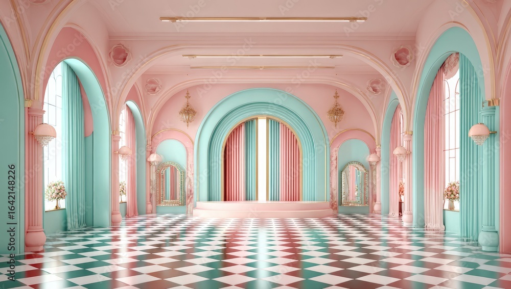 Pastel-toned interior design of a grand hall with arched windows and ...