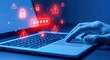 © Generative AI - Cyber Security Concept: Laptop Showing Password Breach with Lock, Exclamation Point Icons, Data Theft, and Fraud Prevention