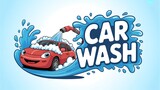 Photo of happy cartoon car getting a wash with foam and water spray, representing a fun and friendly auto cleaning service
