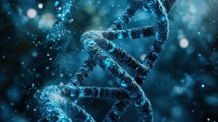 3D DNA helix in deep blue bokeh background