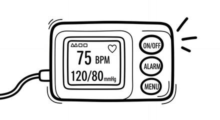 Detailed Black and White Illustration of Digital Blood Pressure Monitor Displaying 120 Over 80 Reading with Heart Rate of 75 BPM on Clean Background
