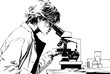 © Ilham Fathony - Art sketch of a woman scientist working with a microscope in a laboratory, hand drawn comic style black and white illustration