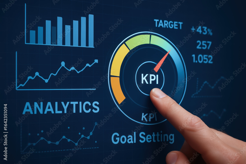 Agile finger points at KPI gauge on digital analytics dashboard ...