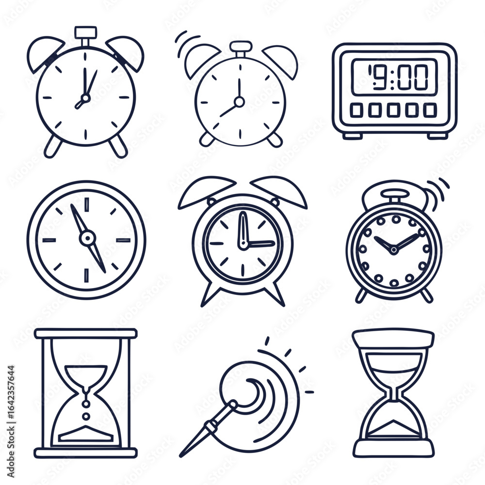 Illustration of various timekeeping devices including alarm clocks ...