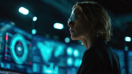 Wall Mural - project manager monitoring network traffic in a high tech control room, analyzing multiple large dat