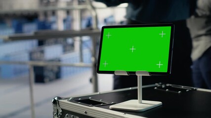 Close up of green screen tablet in front of data center engineers improving AI rigs. Server hub colleagues manage gear using mockup device to support artificial intelligence workloads, camera B