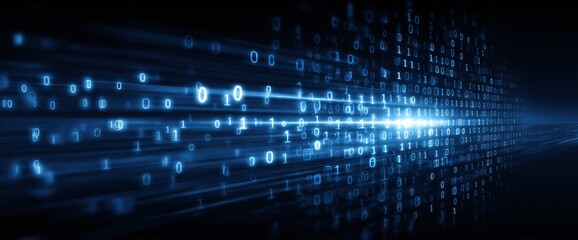 Wall Mural - abstract blue digital background with binary code and glowing lines, representing technology and dat