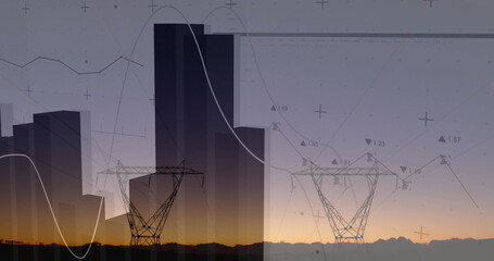 Wall Mural - Displaying building silhouettes and power towers at sunset with grid overlays, charts, arrows