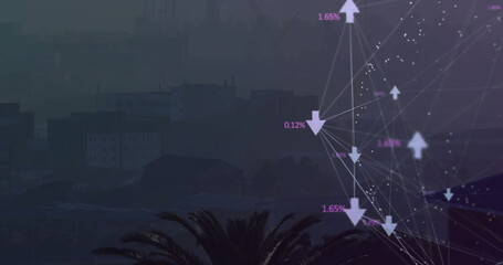 Wall Mural - Displaying network graph overlay with percentage labels over skyline with palm trees, copy space