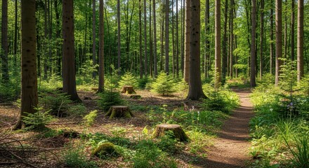 Naklejka na meble Forest pathway with sunlight through trees