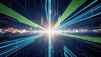 Digital network of luminous lines in a futuristic tunnel