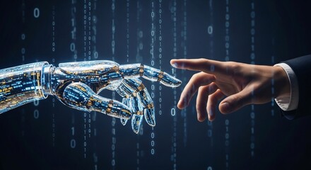 A robot hand reaching towards a human hand with binary code in the background and suit sleeve visible