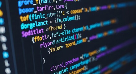 Close up view of colorful computer code displayed on a dark screen with syntax highlighting