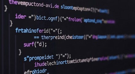 A close up view of colorful computer code displayed on a dark screen in detail
