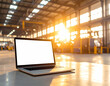 © ThiraWat - Laptop mockup in factory setting for industrial design presentation
