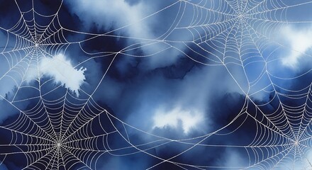Mysterious and intricate spiderwebs shimmer against a dramatic, cloudy night sky, evoking a sense of eerie beauty and the magic of autumn.