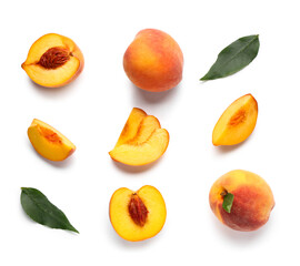 Wall Mural - Sweet ripe peaches and leaves on white background