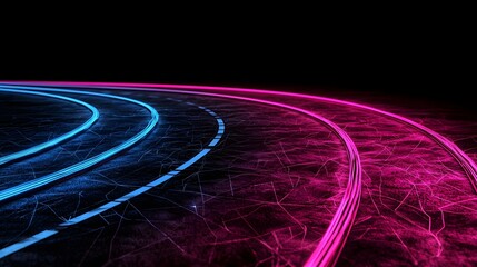 Wall Mural - the image features abstract neon blue and pink light trails curved against a dark, textured surface,